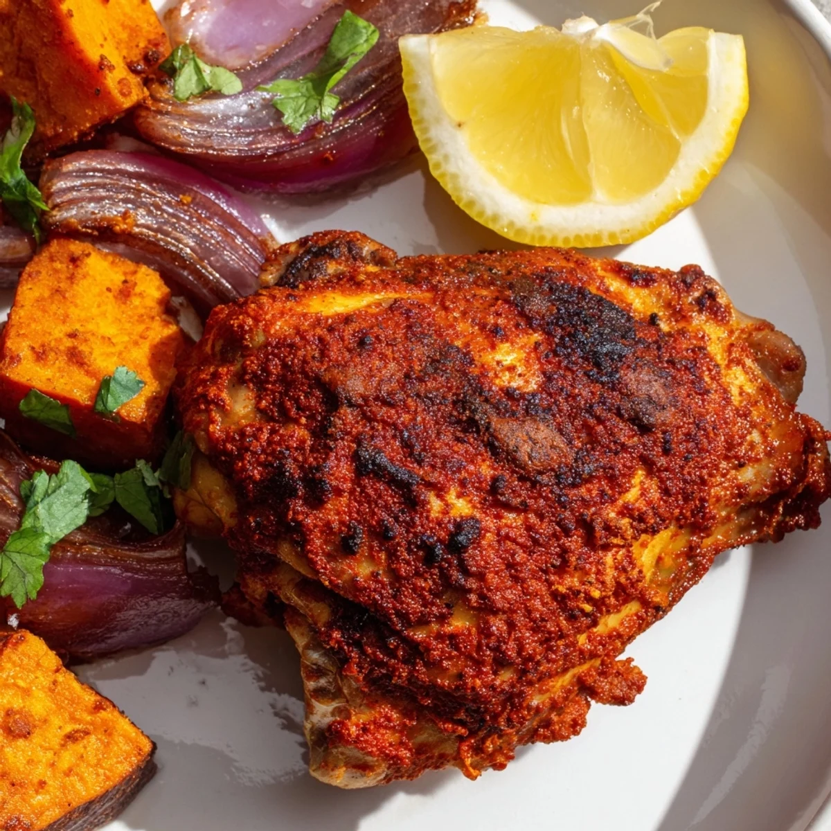 A finished Sheet Pan Harissa Chicken dinner plated with vibrant sweet potatoes and onions, garnished with fresh cilantro and lemon wedges. 