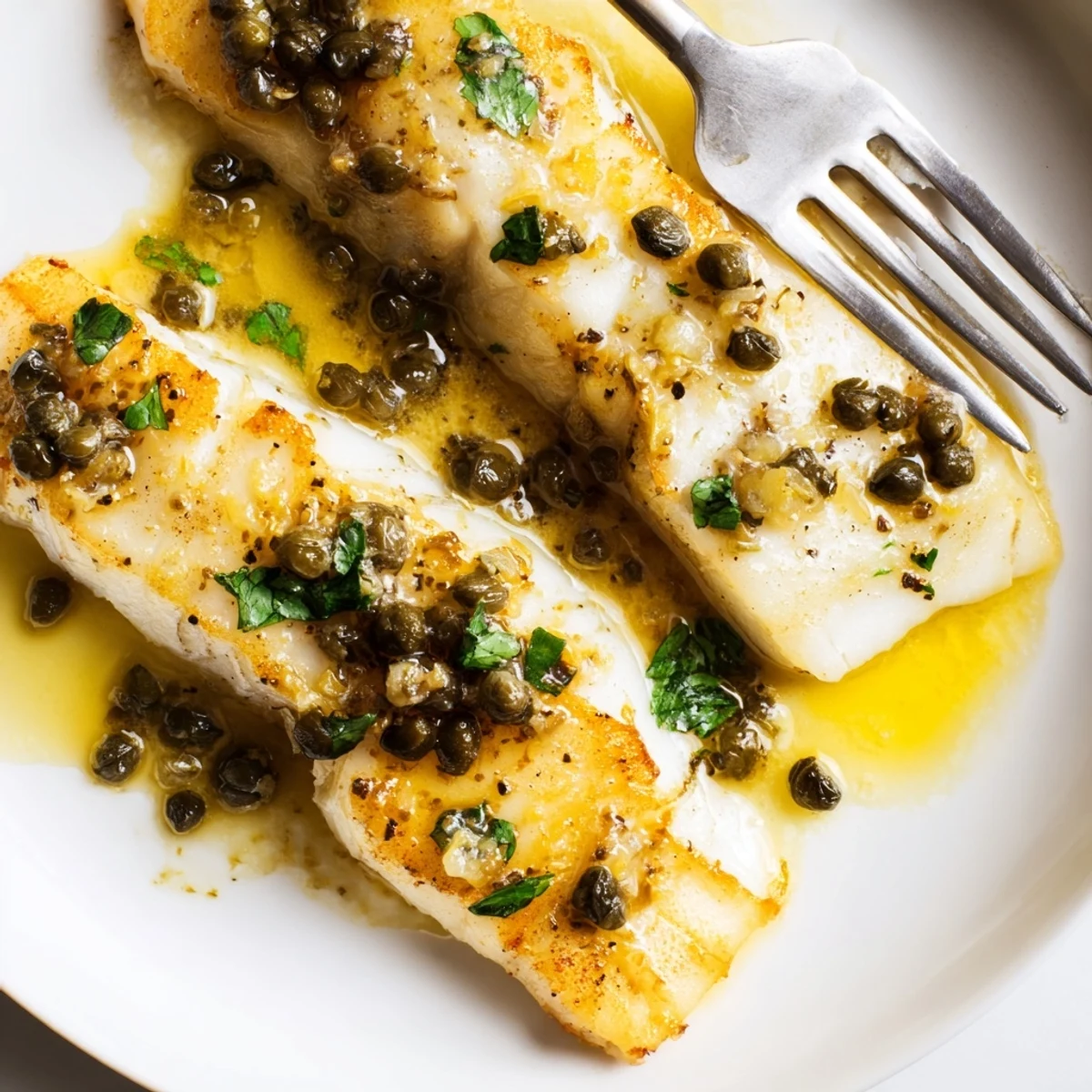 Crispy skin on pan seared sea bass fillets with golden edges, generously drizzled with bright lemon caper sauce.