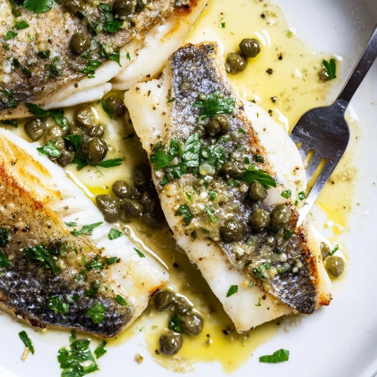 Restaurant-quality pan seared sea bass plated with a vibrant lemon caper sauce, perfect for a special dinner for four.