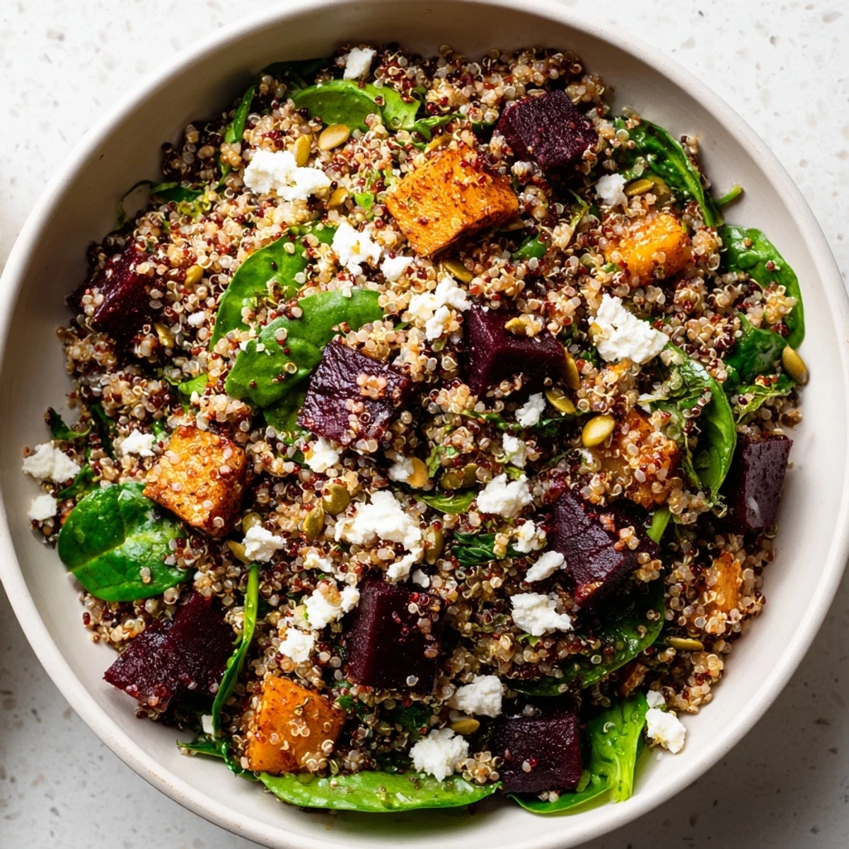 Warm Spiced Quinoa Salad with Roasted Beets, topped with crumbled feta, fresh parsley, and crunchy pumpkin seeds on a rustic wooden table.