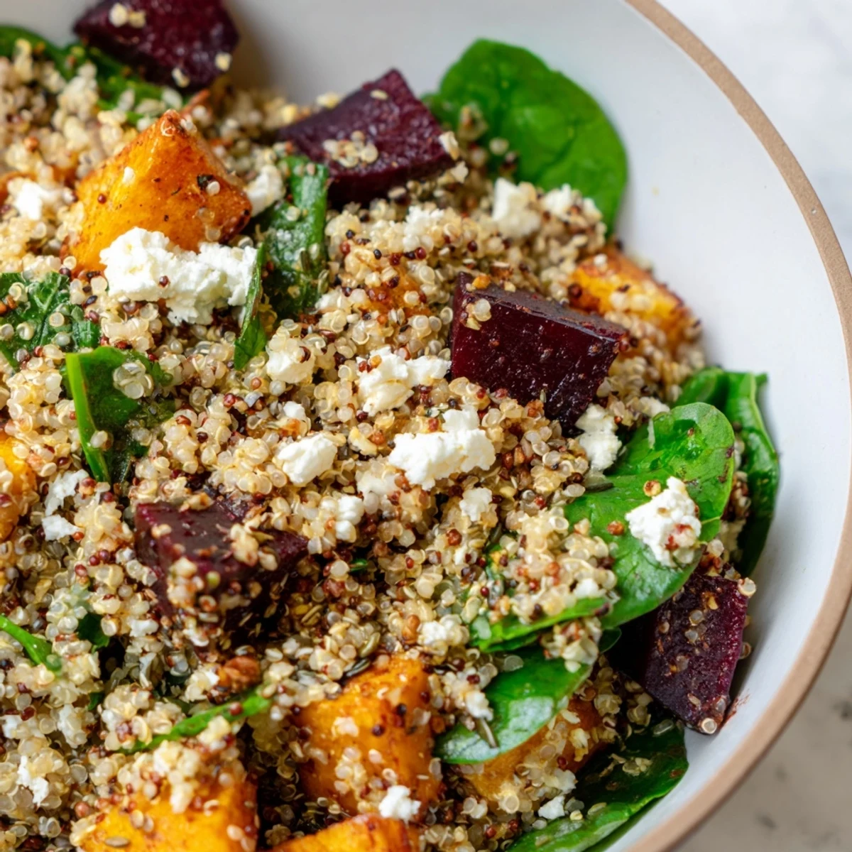 A close-up of the Warm Spiced Quinoa Salad with Roasted Beets, revealing fluffy quinoa, spinach, and glistening beets with a zesty citrus dressing.