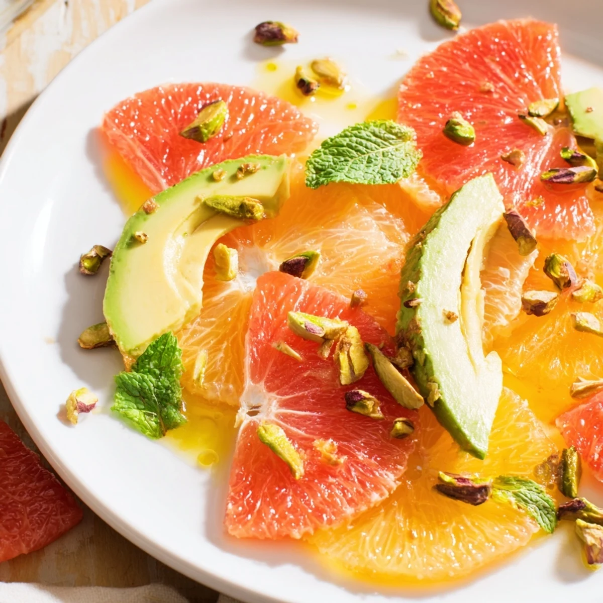 Winter Citrus Salad with Fennel and Avocado arranged on a platter with vibrant citrus rounds, crisp fennel slices, and creamy avocado over arugula.