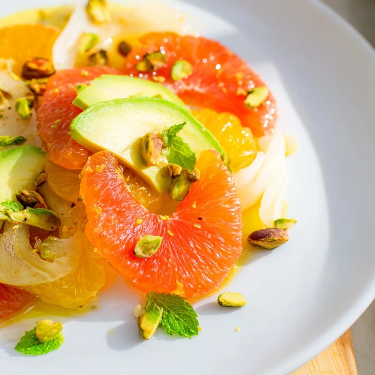 A close-up of Winter Citrus Salad with Fennel and Avocado topped with torn mint, toasted pistachios, and a light lemon-olive oil drizzle.