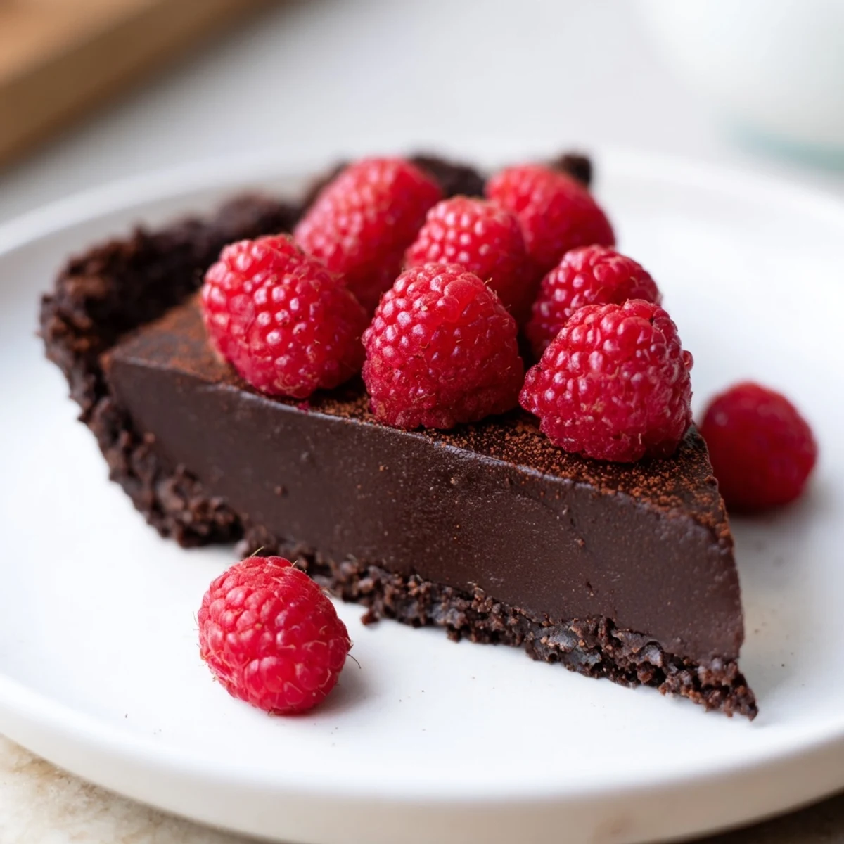 Decadent dark chocolate tart with raspberries shows a glossy, rich filling in a crisp crust, topped with fresh red berries on a rustic wooden table.