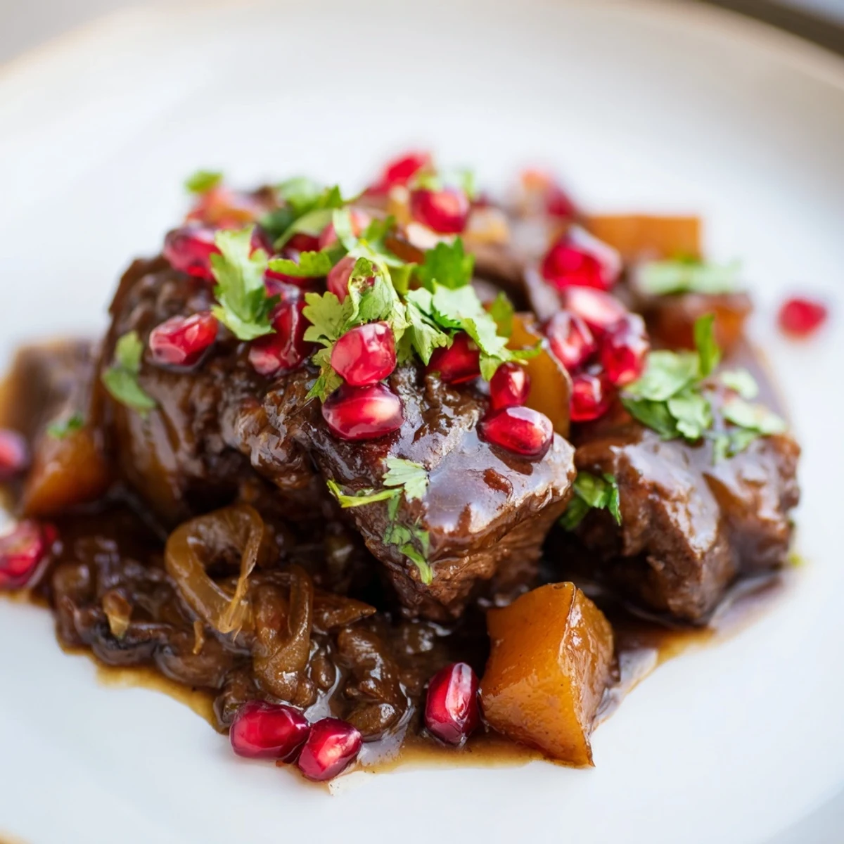 Perfectly seared Braised Lamb Shoulder with Pomegranate Molasses resting in a Dutch oven, served over fluffy rice with fresh herbs and pomegranate seeds.