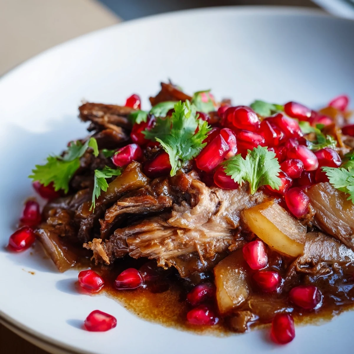A fork-tender slice of Braised Lamb Shoulder with Pomegranate Molasses drizzled with rich, glossy sauce and topped with vibrant herbs for a festive meal.