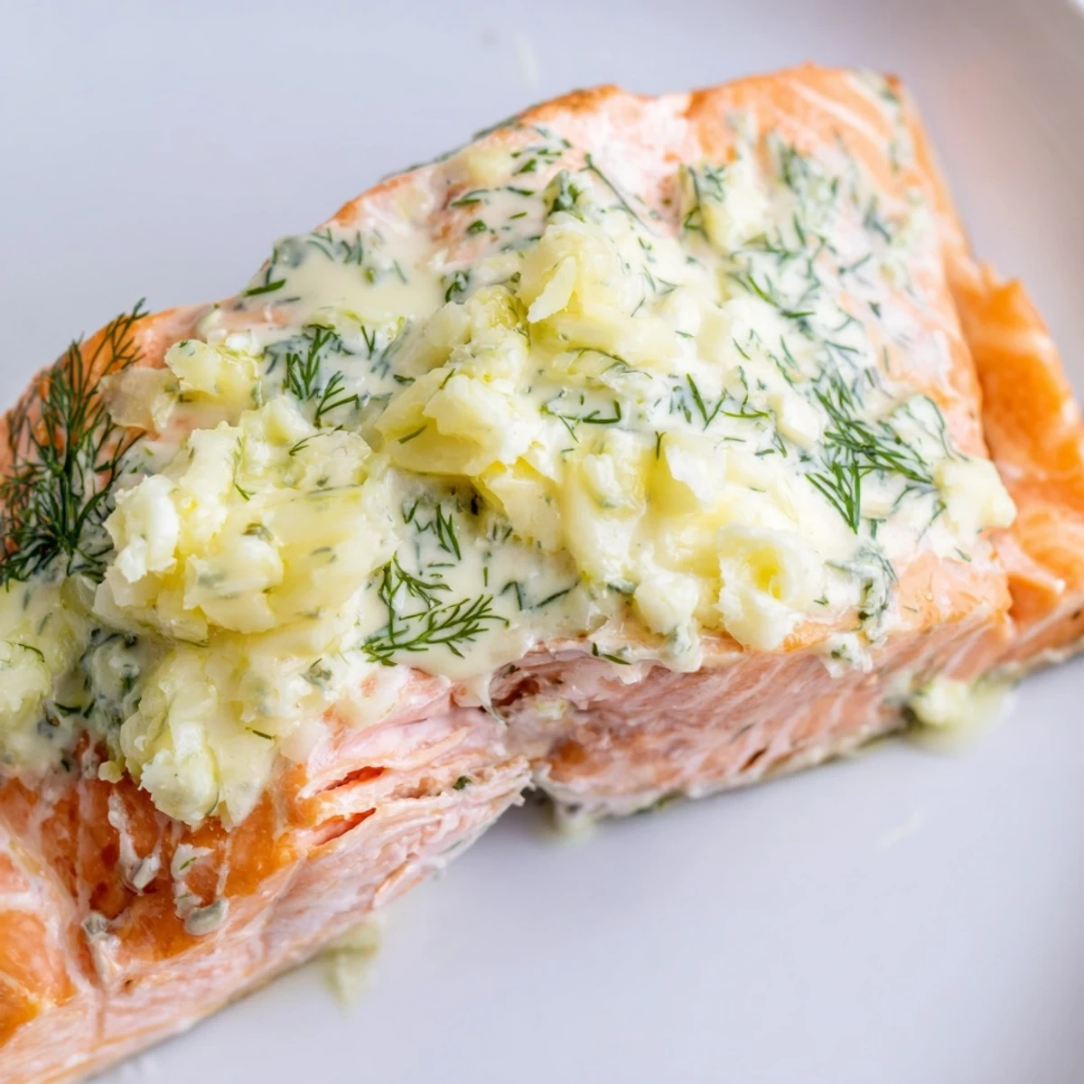 Flaky Baked Salmon with Garlic Butter and Dill Sauce plated elegantly, ready for a delicious weeknight dinner.
