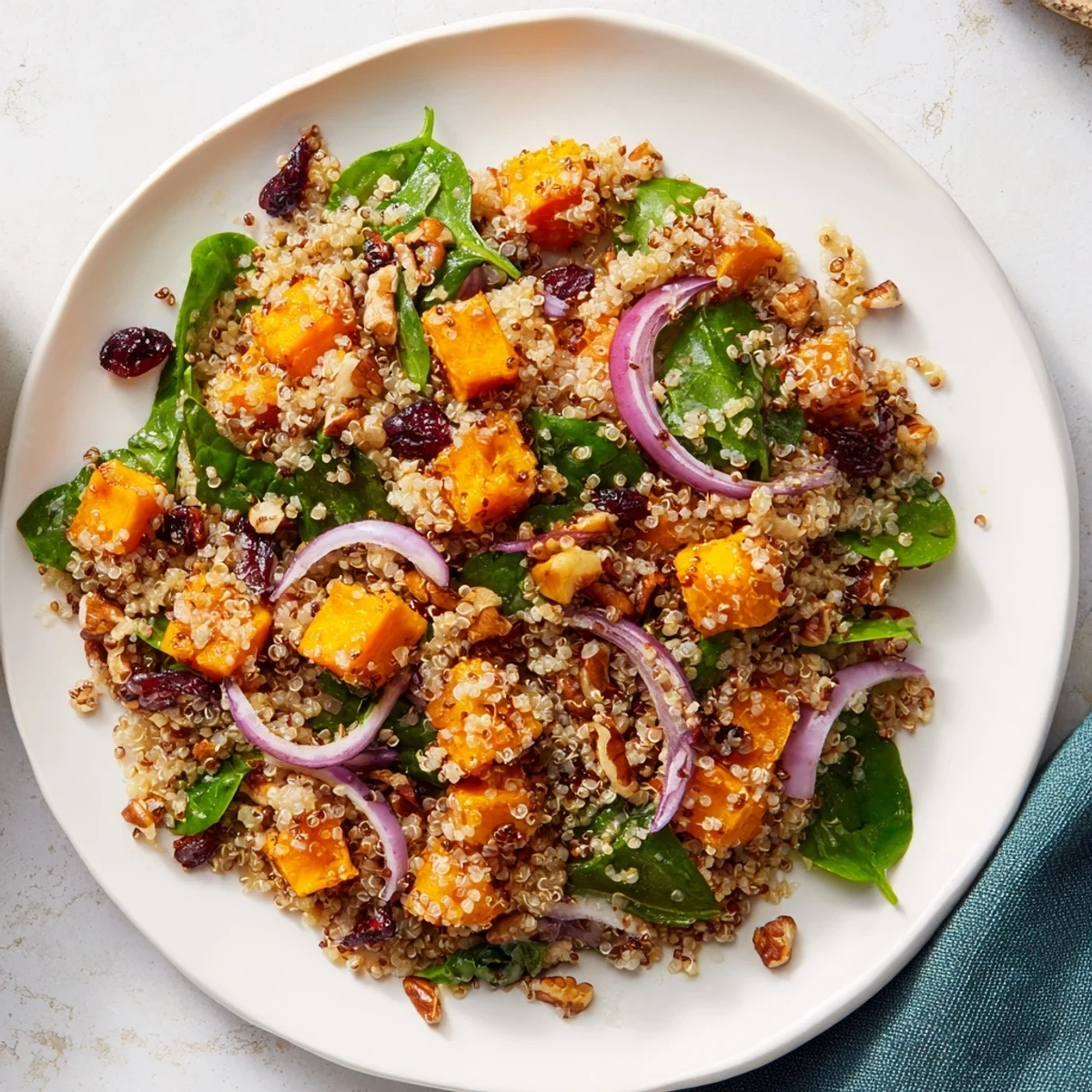 Golden roasted butternut squash and fluffy quinoa mixed with tart cranberries and toasted pecans in a salad bowl.