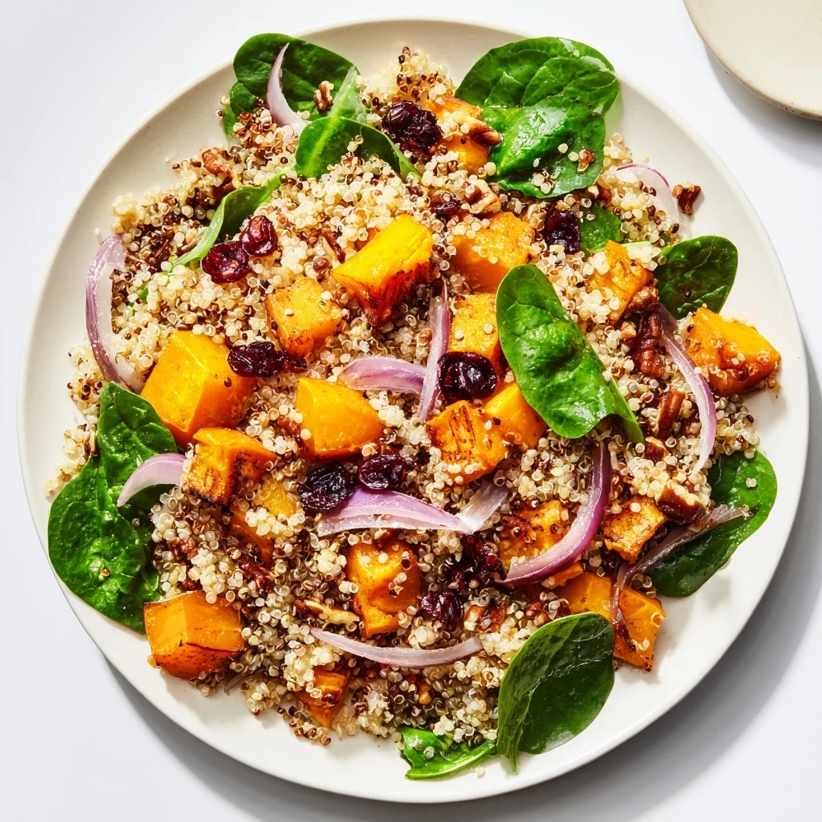 Fresh baby spinach and red onions toss into a warm quinoa salad with sweet maple dressing on a white plate.