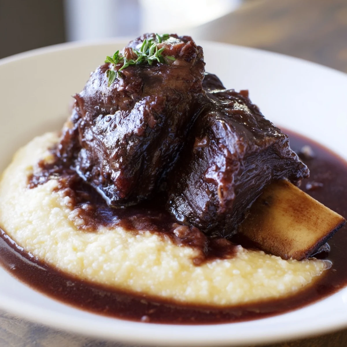Juicy Slow Cooked Beef Short Ribs with Creamy Polenta topped with rich red wine sauce.