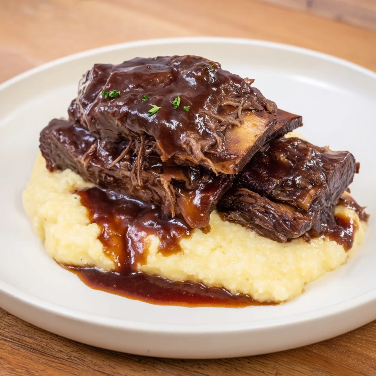 Fall-off-the-bone Slow Cooked Beef Short Ribs with Creamy Polenta for a cozy dinner.