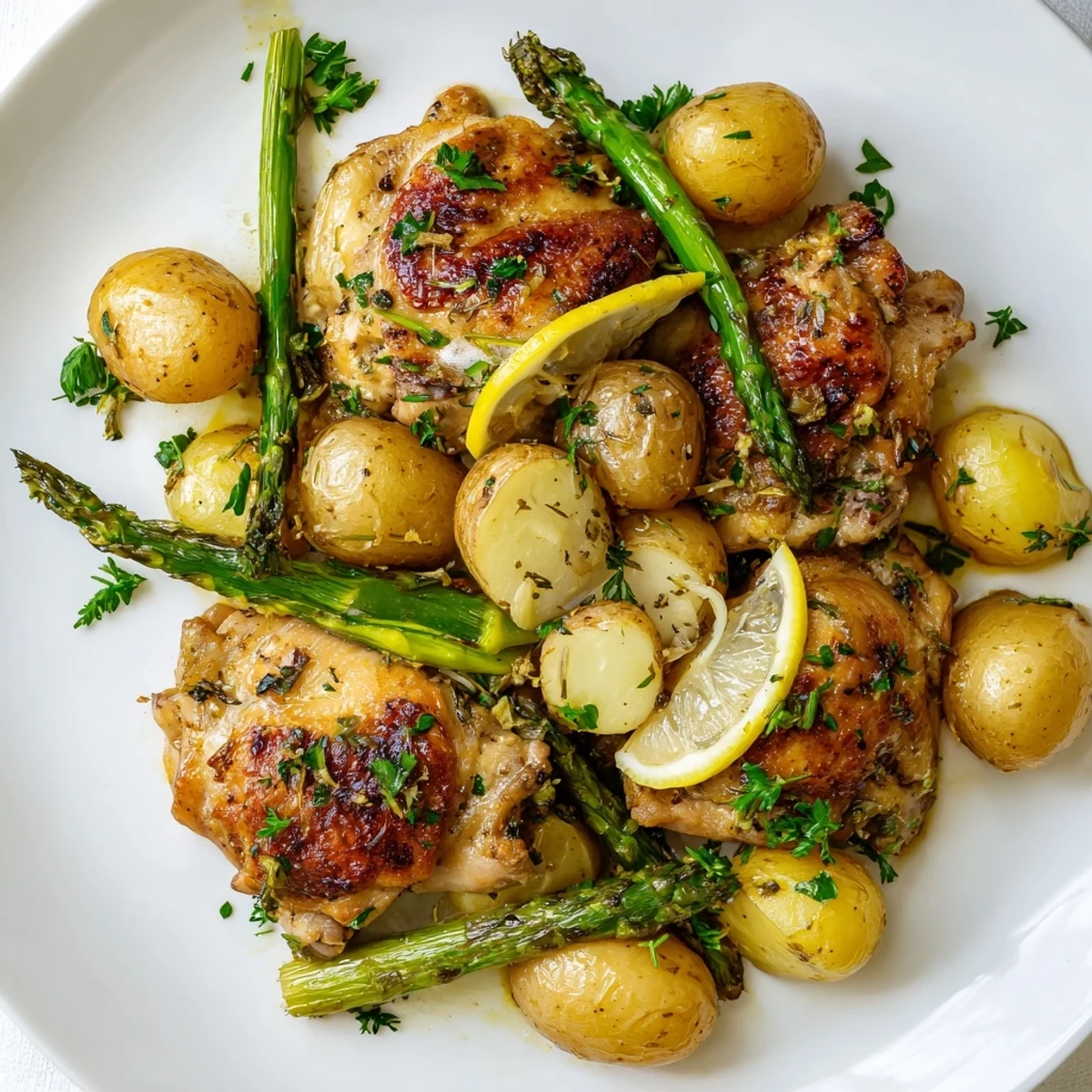 Golden roasted baby potatoes and bright green asparagus surround juicy lemon herb chicken thighs on a sheet pan.
