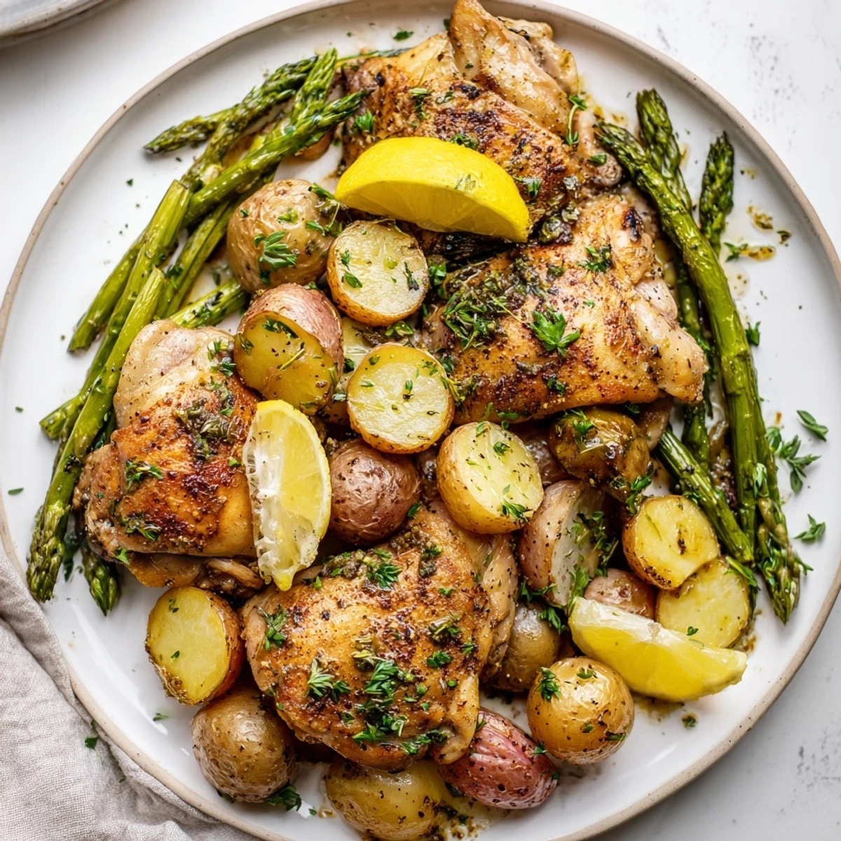 Freshly chopped parsley and lemon wedges garnish this easy one-pan dinner perfect for weeknight meals.