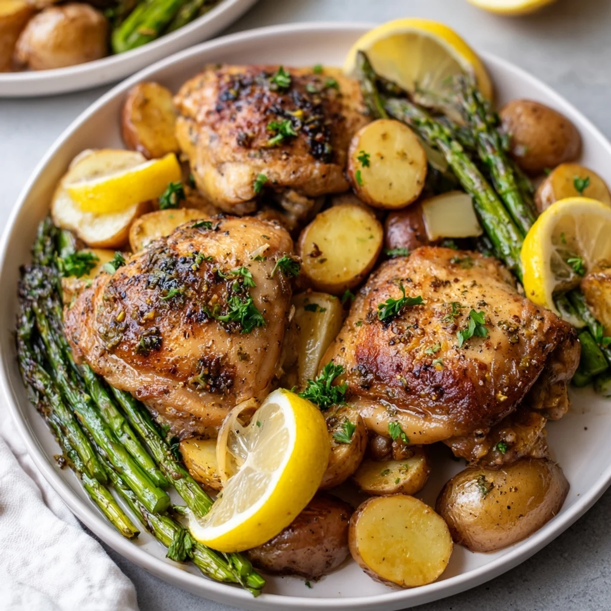 Crisp potatoes and tender chicken rest beside asparagus spears on a large parchment-lined baking sheet.