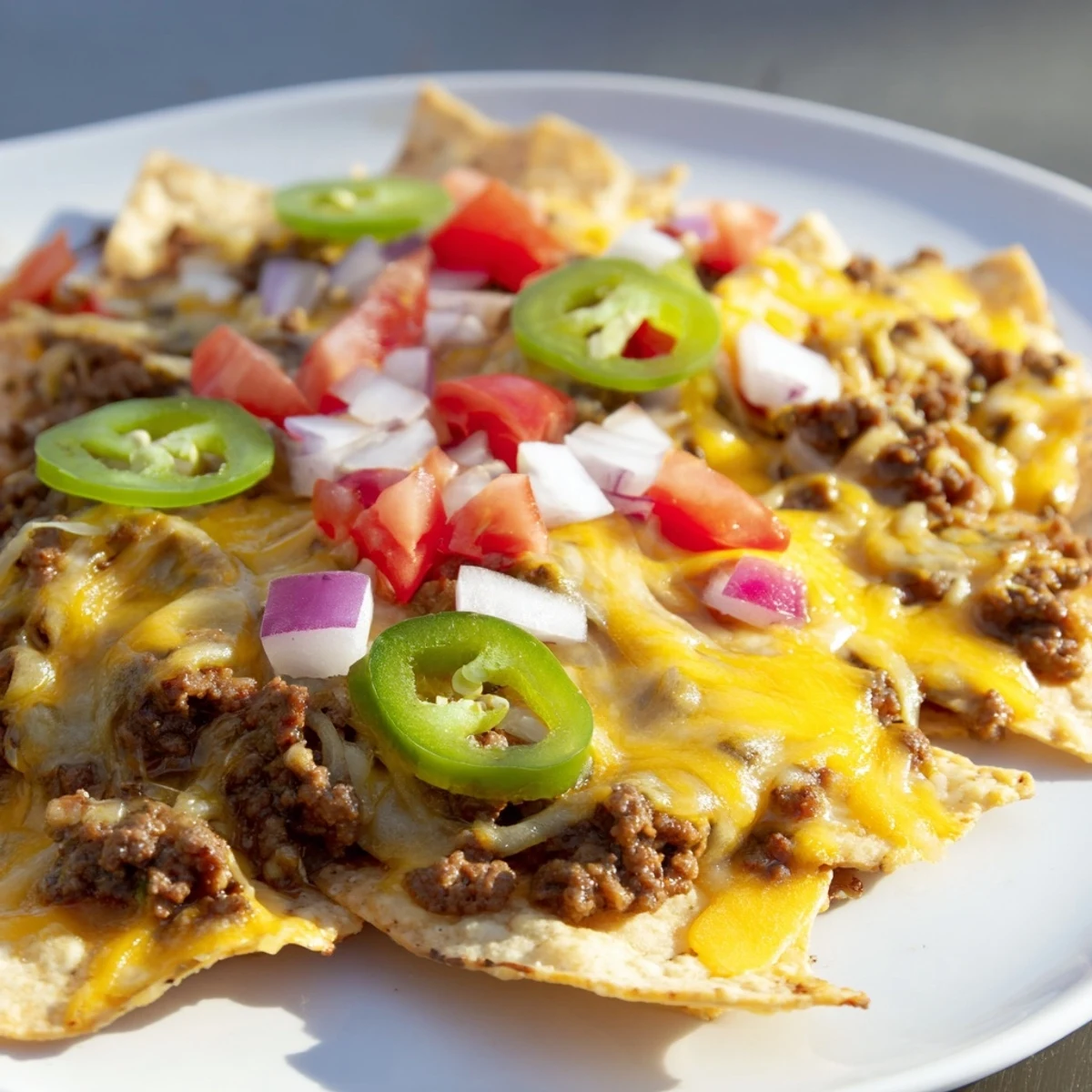 Golden, bubbly, melted cheese blankets a platter of crispy beef nachos topped with fresh sliced jalapeños.