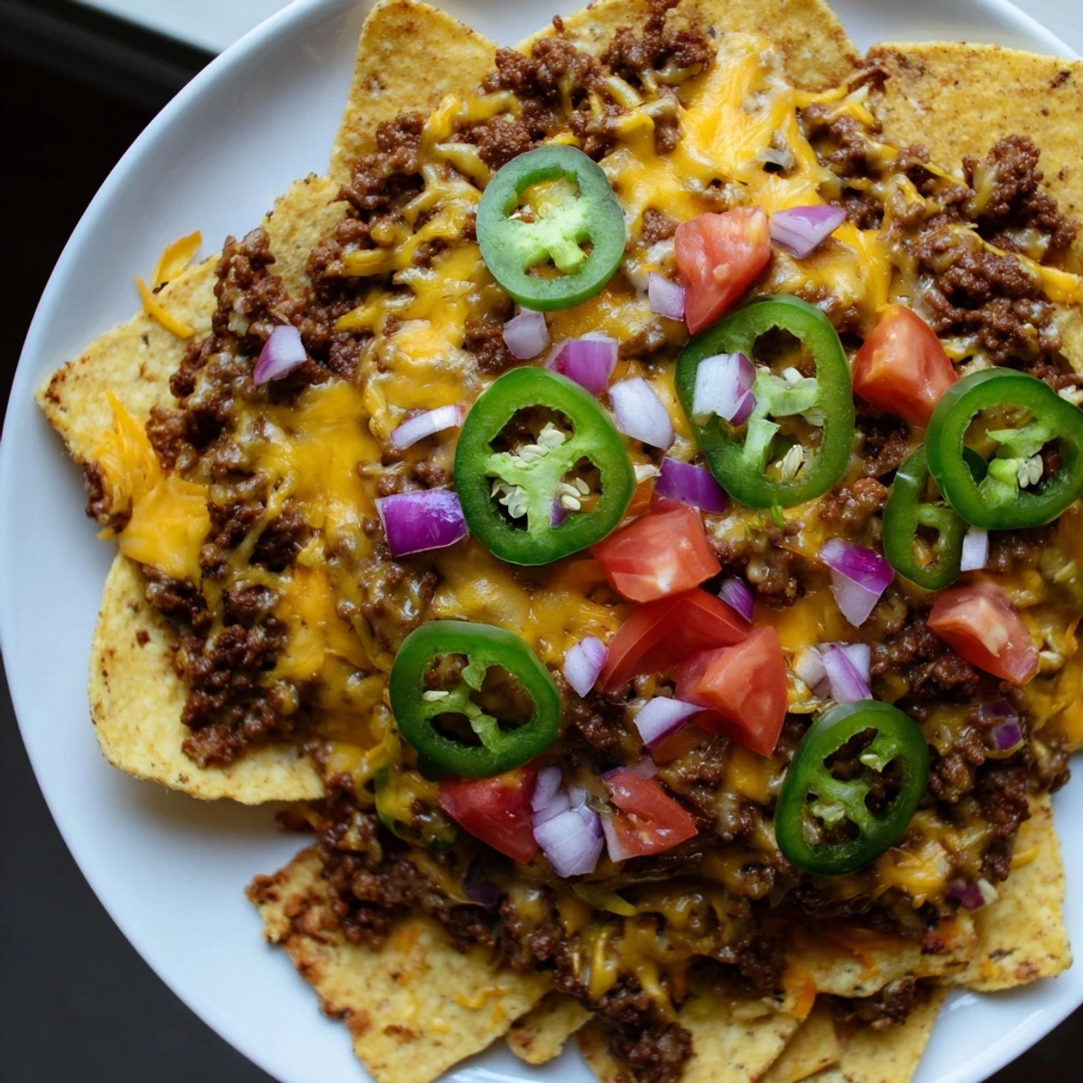 Hearty ground beef nachos loaded with sharp cheddar, spicy peppers, and creamy sour cream for game day.
