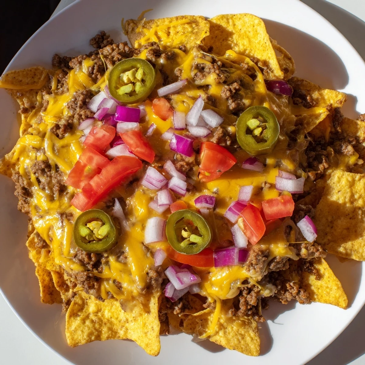 Sizzling Tex-Mex beef nachos with Monterey Jack, fresh cilantro, and lime wedges ready for serving.