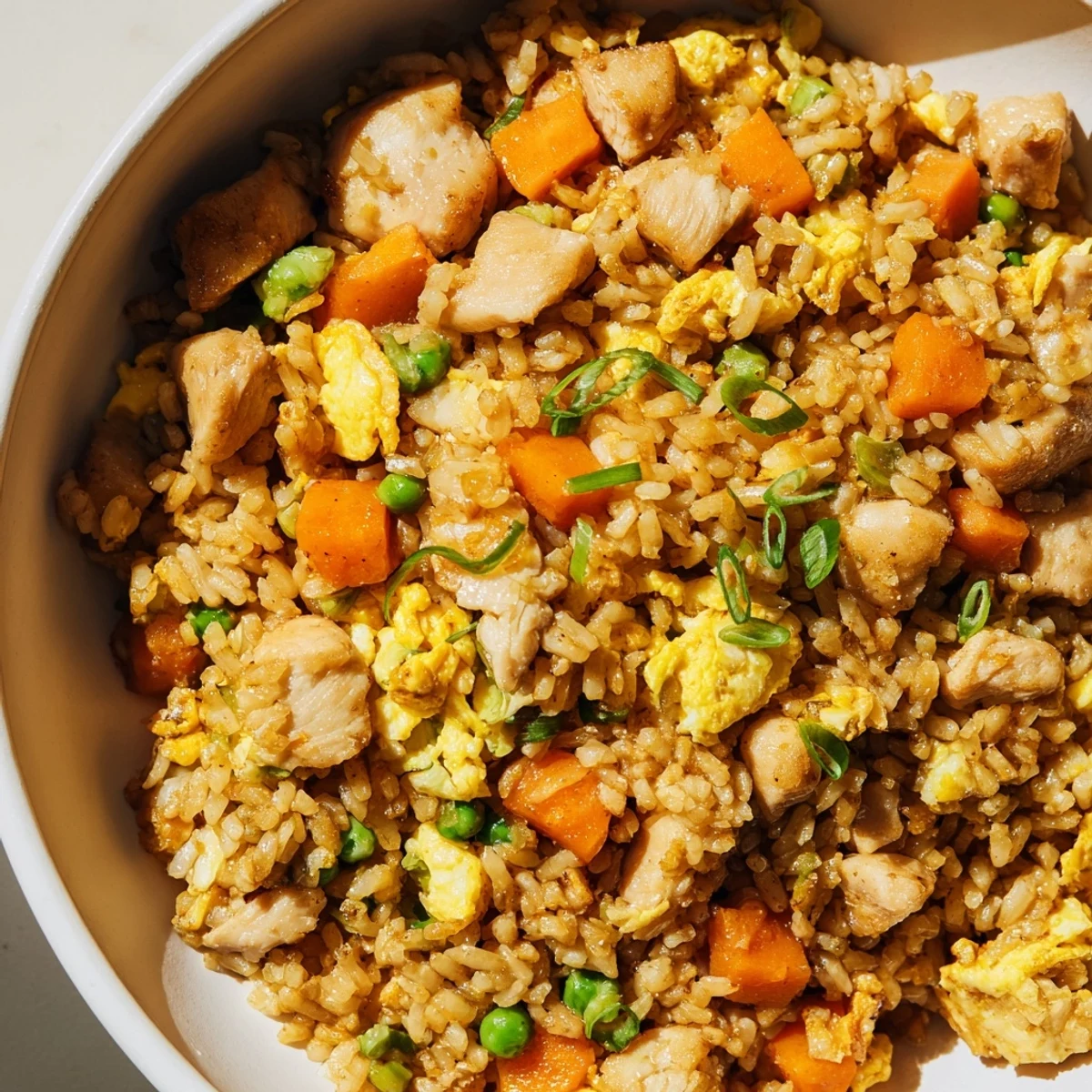 Golden-brown Chicken Fried Rice with peas, carrots, and fluffy egg, garnished with scallions in a hot wok.