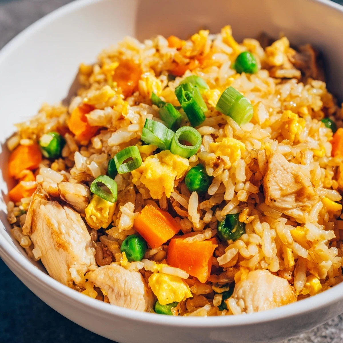 Savory Chicken Fried Rice served in a white bowl, garnished with fresh green scallions and sesame seeds.