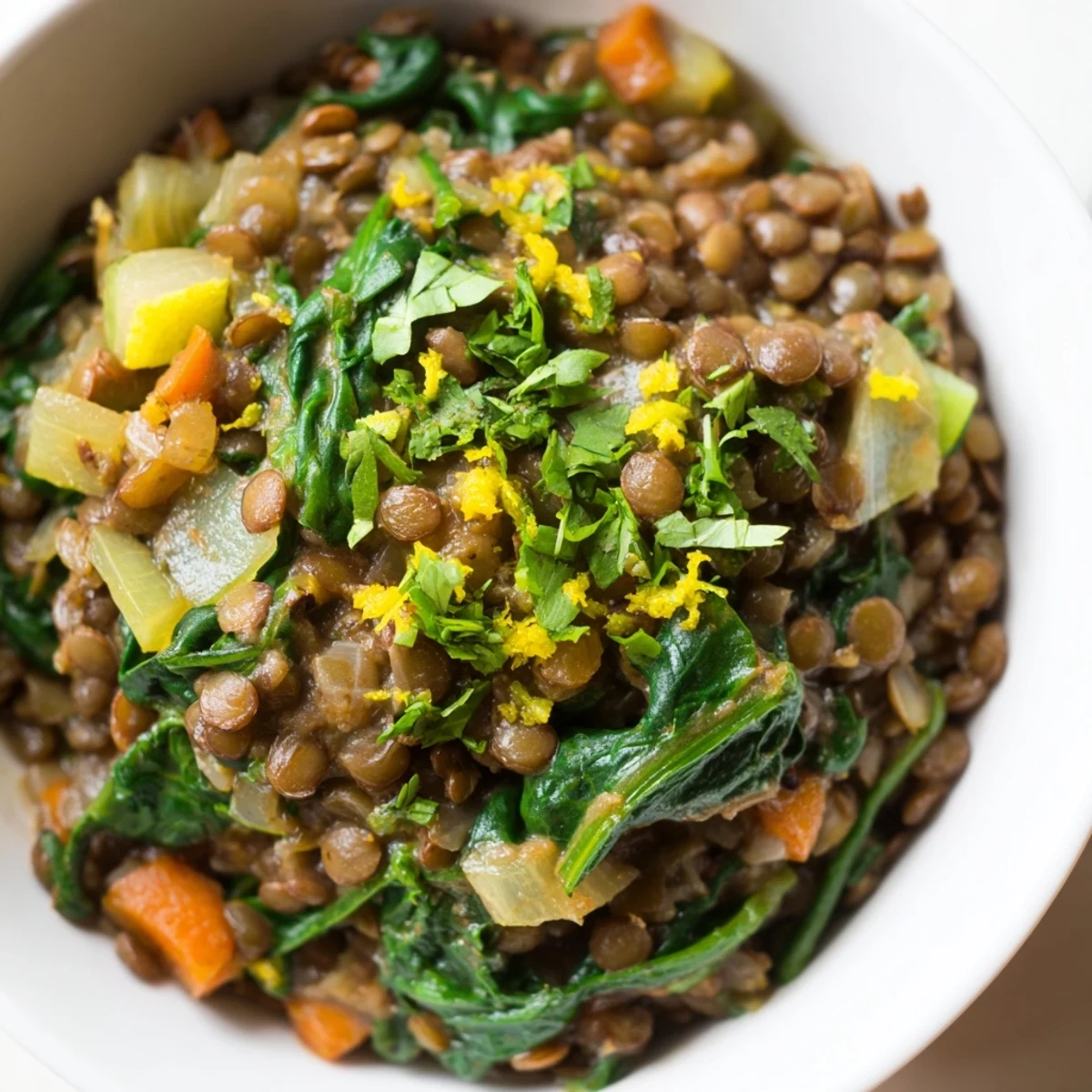 A ladle serving Spiced Lentil and Spinach Stew with Lemon paired with crusty bread on a wooden table.