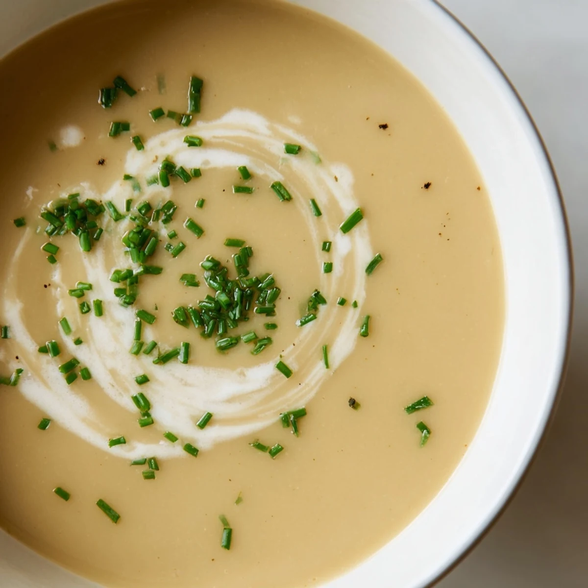 Silky smooth roasted parsnip and garlic soup in a white bowl, garnished with fresh parsley and olive oil.