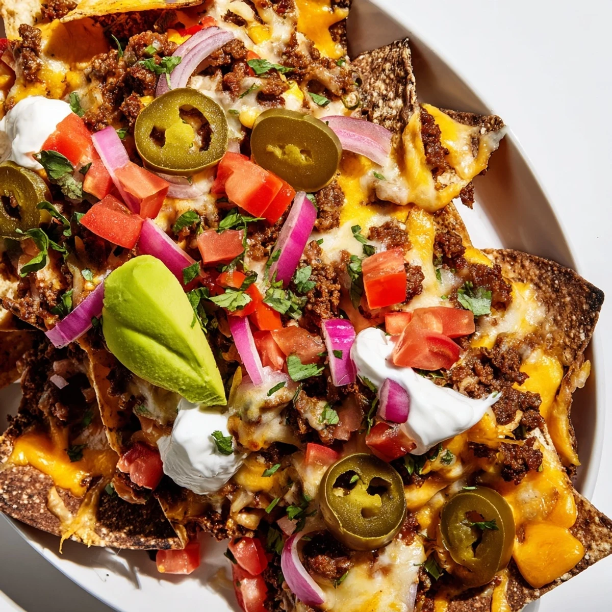 A hand drizzling sour cream over a loaded plate of Super Bowl Spicy Beef Nachos Supreme with avocado and lime wedges.