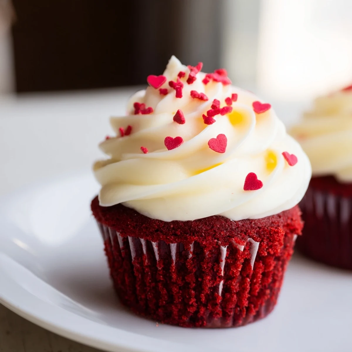 Freshly baked Valentine Red Velvet Cupcakes with velvety crumb, topped with a generous swirl of cream cheese frosting.