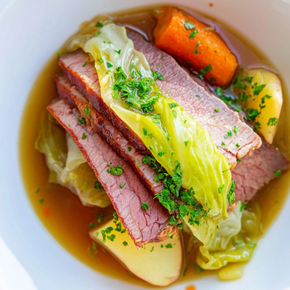 Tender halal corned beef and cabbage simmered with spices, served alongside carrots and potatoes for a hearty St. Patrick’s Day feast.  
