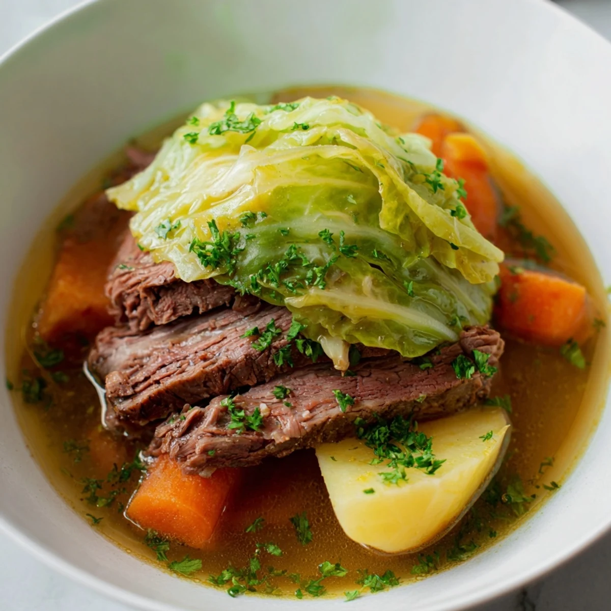 Warm and comforting halal corned beef with cabbage, carrots, and potatoes, ready to serve with mustard on the side.