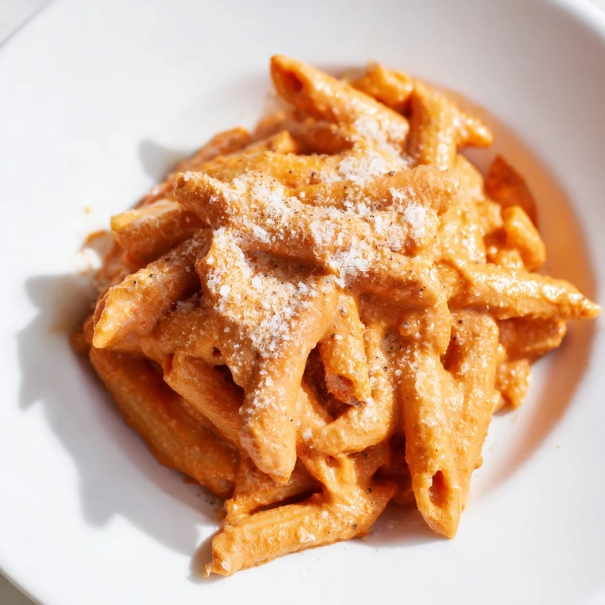 Close-up of creamy roasted red pepper pasta sauce simmering in a skillet, showing its rich, velvety texture.
