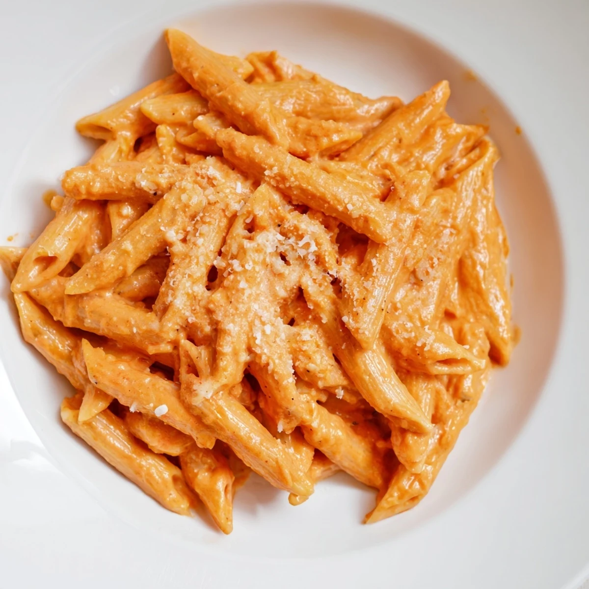 A bowl of creamy roasted red pepper pasta sauce tossed with fettuccine and garnished with fresh parsley.