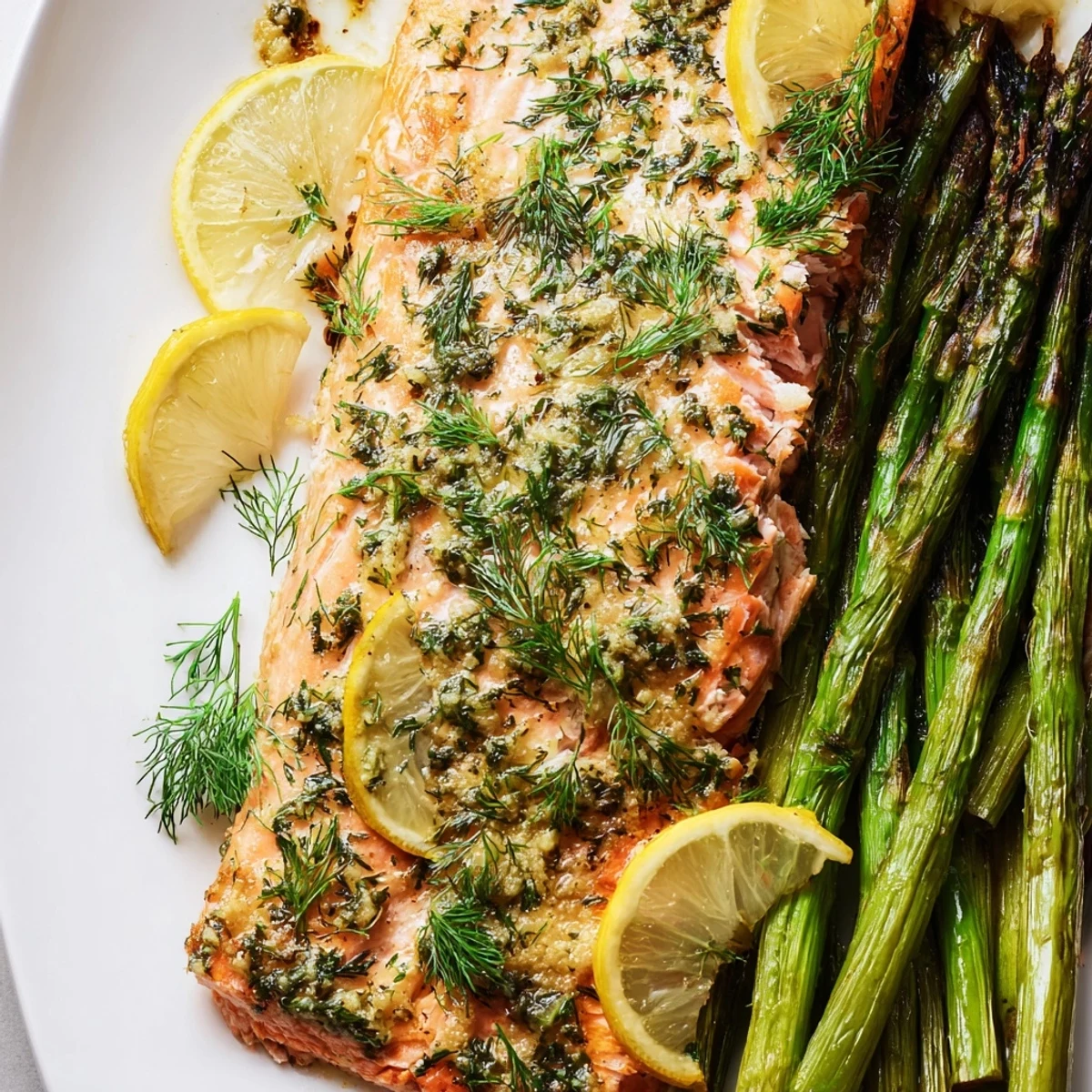 Golden roasted salmon fillets and crisp green asparagus arranged neatly on a sheet pan, garnished with fresh herbs and lemon slices for a bright, healthy dinner.