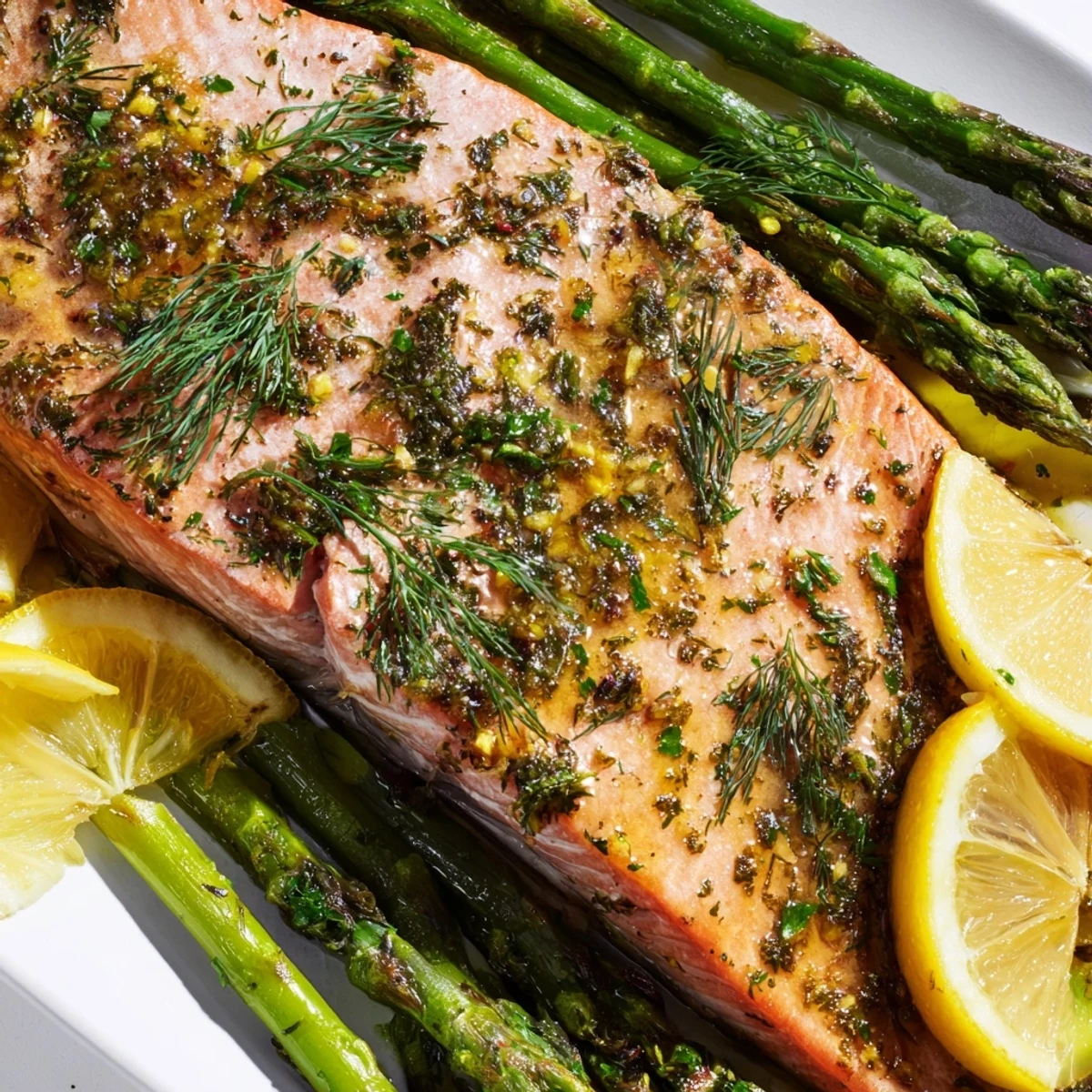 Vibrant one-pan dinner featuring juicy salmon and roasted asparagus spears, seasoned with garlic and herbs, ideal for a gluten-free, low-carb main dish.