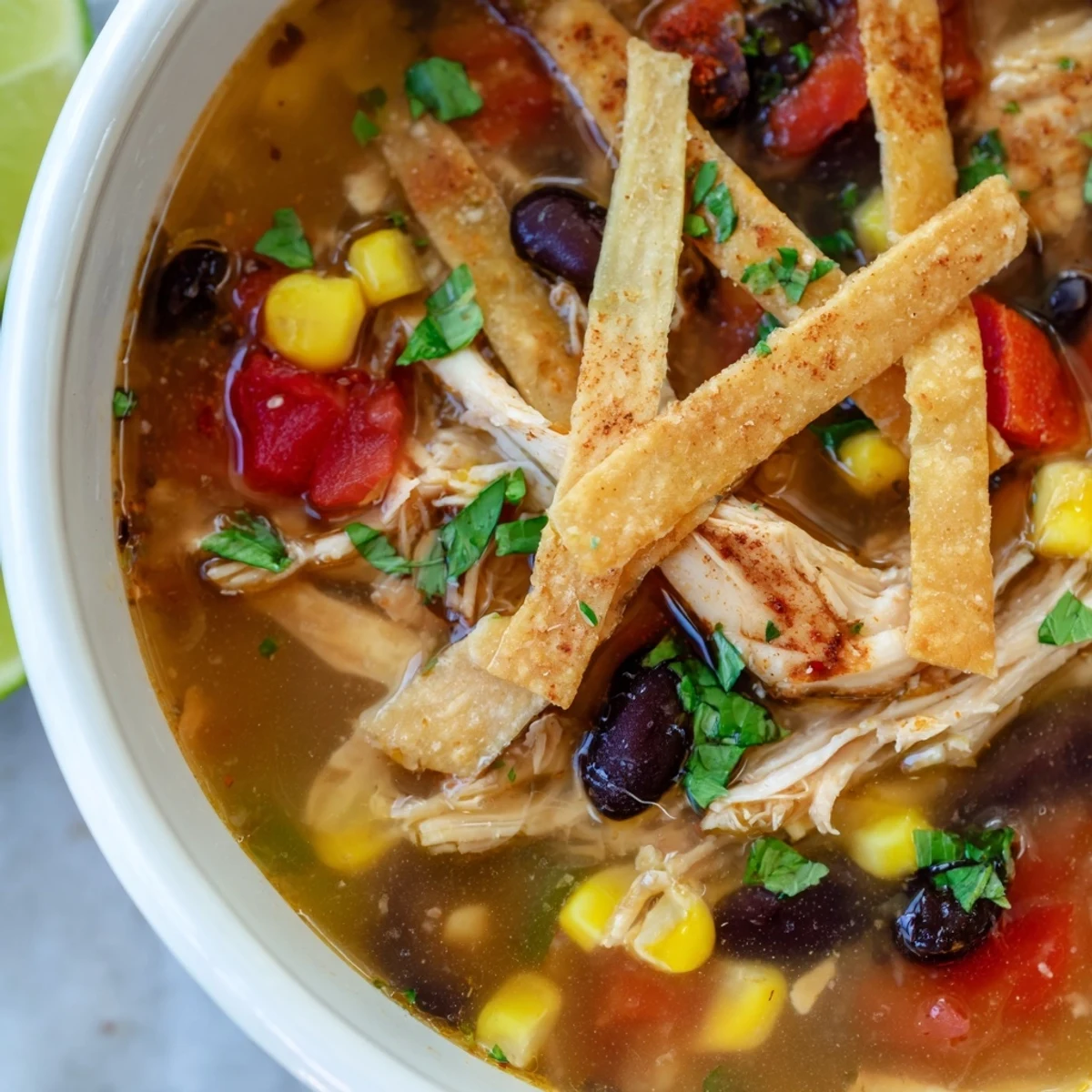 A hearty Slow Cooker Chicken Tortilla Soup garnished with avocado, black beans, and corn in a cozy, dimly lit kitchen.