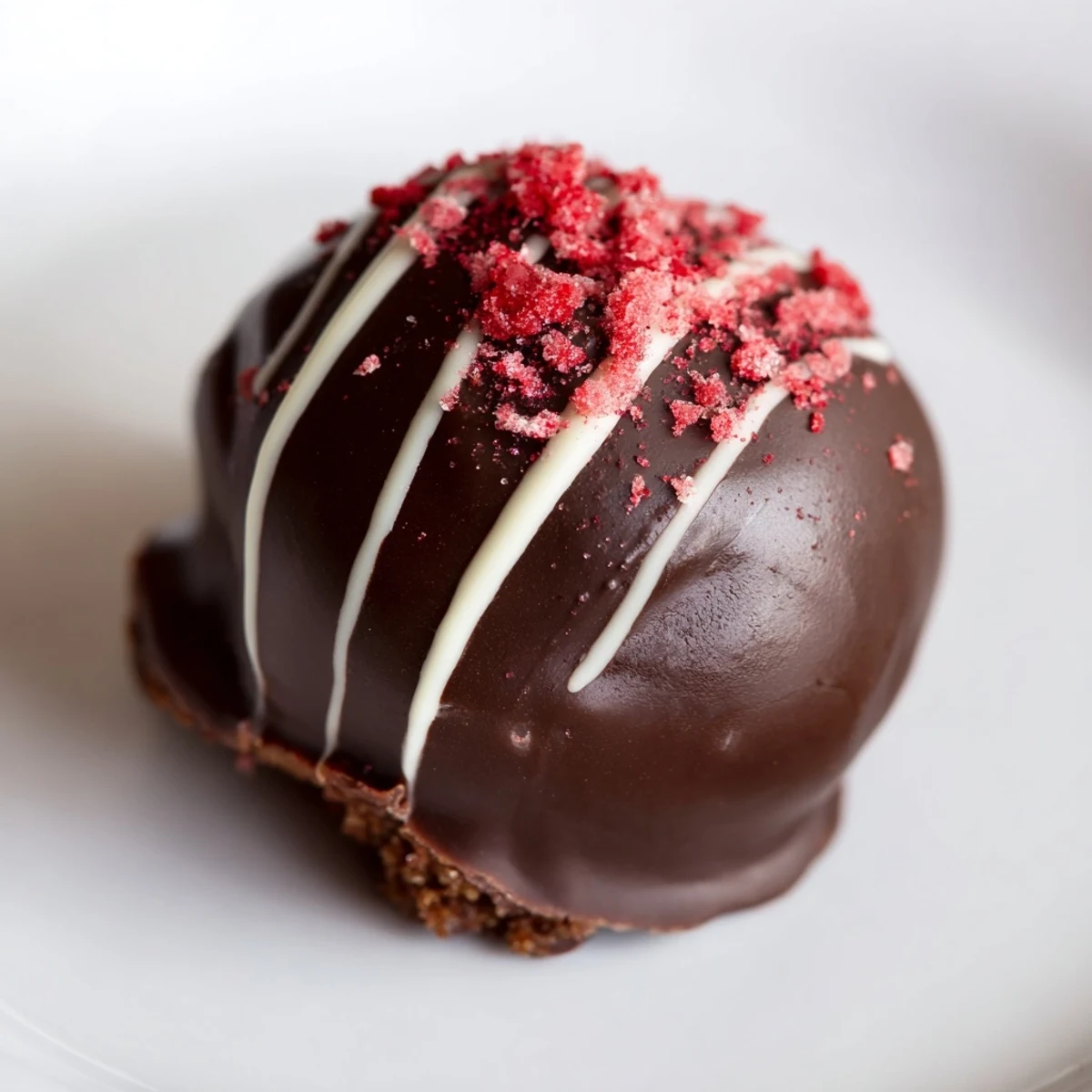 Glossy dark chocolate truffles with a creamy strawberry cheesecake center, garnished with freeze-dried strawberry powder for a tangy finish.