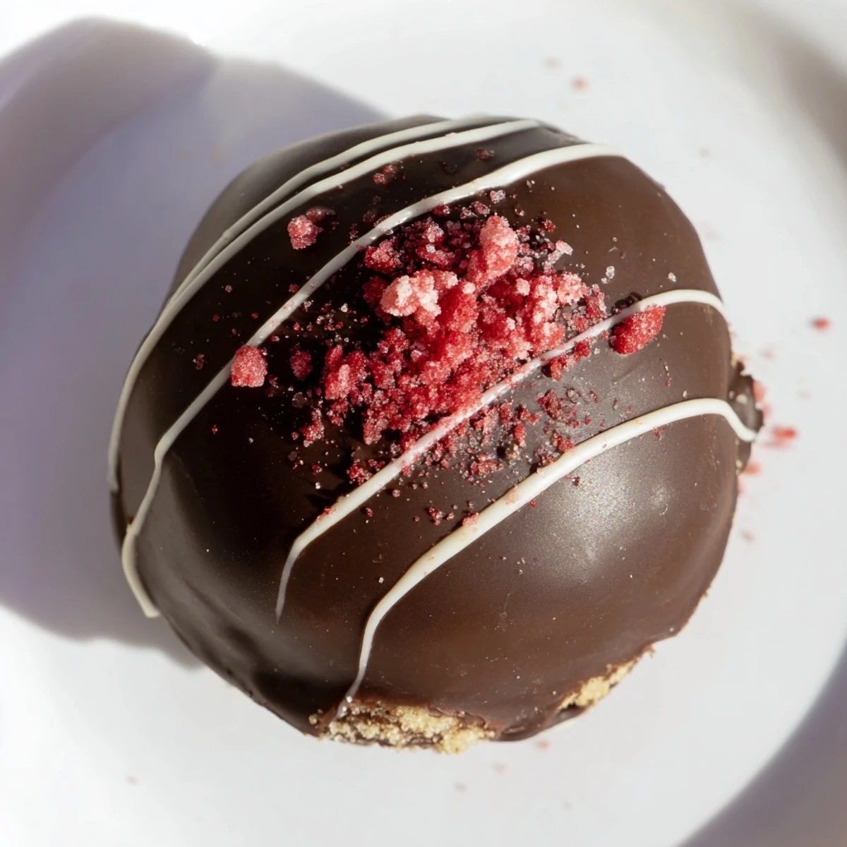A close-up view of bite-sized Chocolate Covered Strawberry Cheesecake Truffles arranged on a chilled parchment-lined tray for dessert serving.