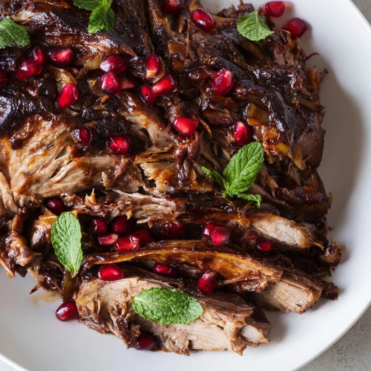 The caramelized edges of slow roasted lamb shoulder are displayed, with onions and carrots roasted underneath for a flavorful base.