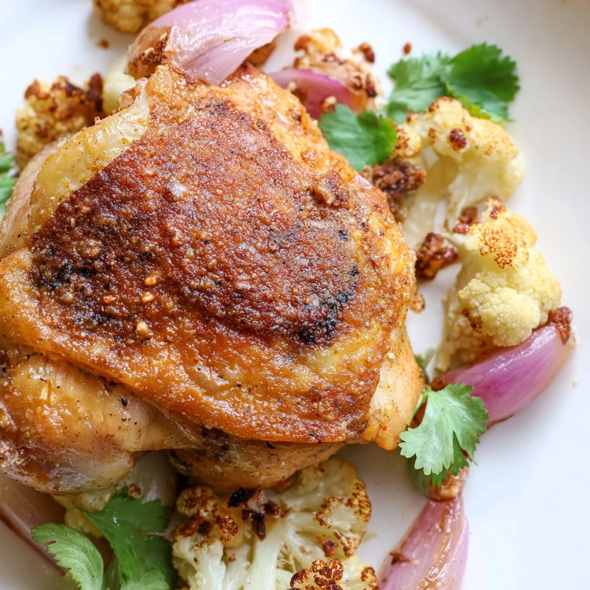 The Sheet Pan Turmeric Chicken with Cauliflower roasted on a tray, featuring caramelized red onions and fresh cilantro garnish for a vibrant meal.
