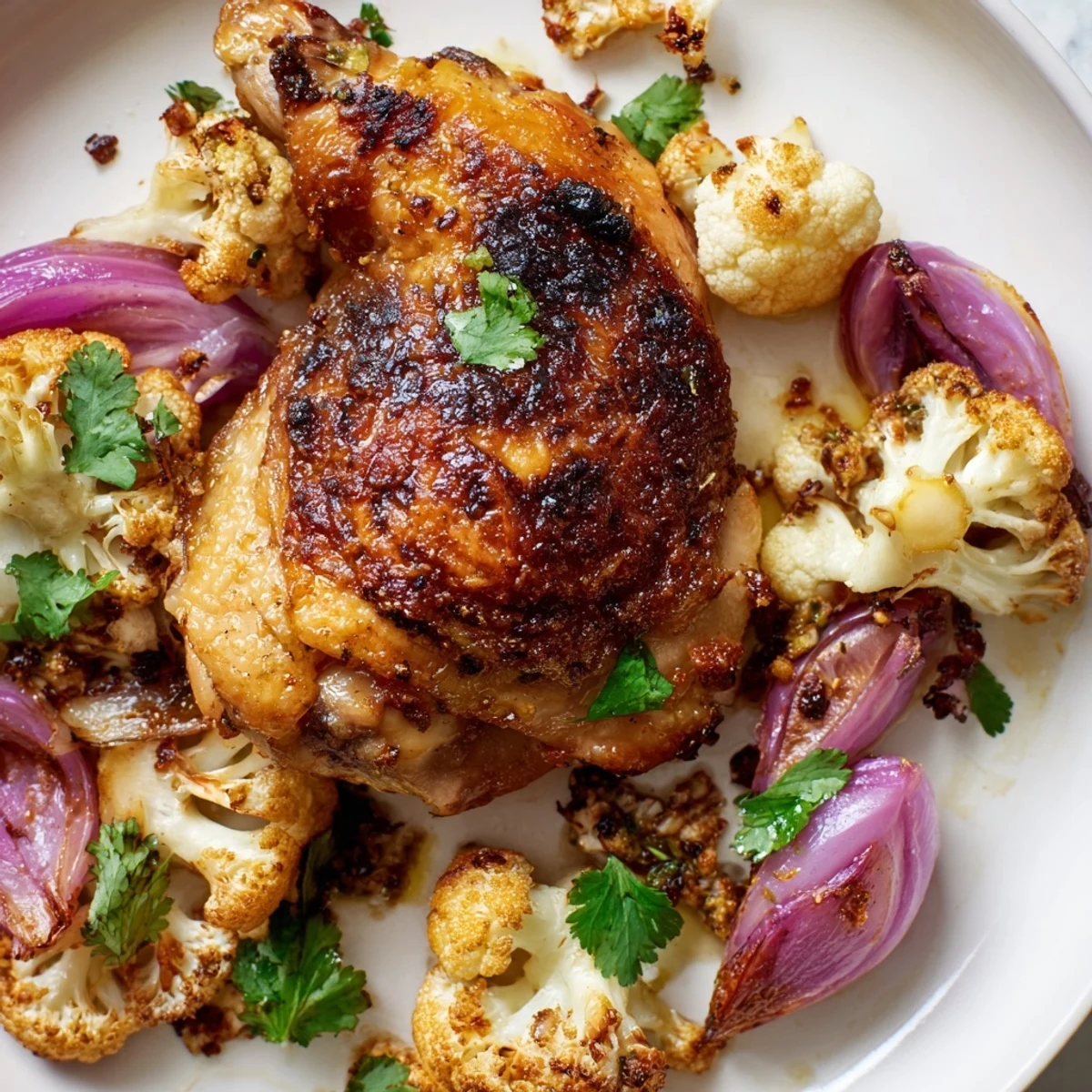 Golden-brown Sheet Pan Turmeric Chicken with Cauliflower served on a plate, with lemon wedges and fluffy rice for a complete weeknight dinner.