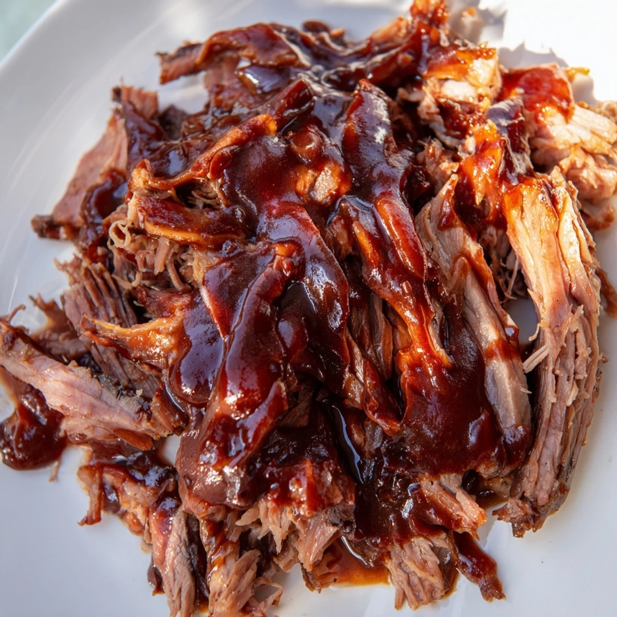 Thick slices of tender slow cooker beef brisket glistening with rich, homemade BBQ sauce, ready to serve.  