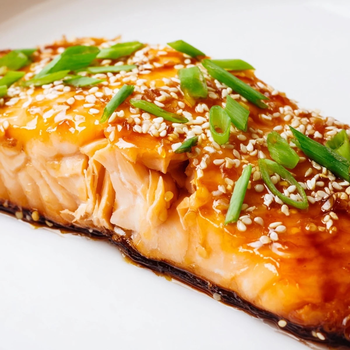 Golden-baked salmon fillets glazed with a vibrant orange-ginger sauce, garnished with fresh green onions and sesame seeds.