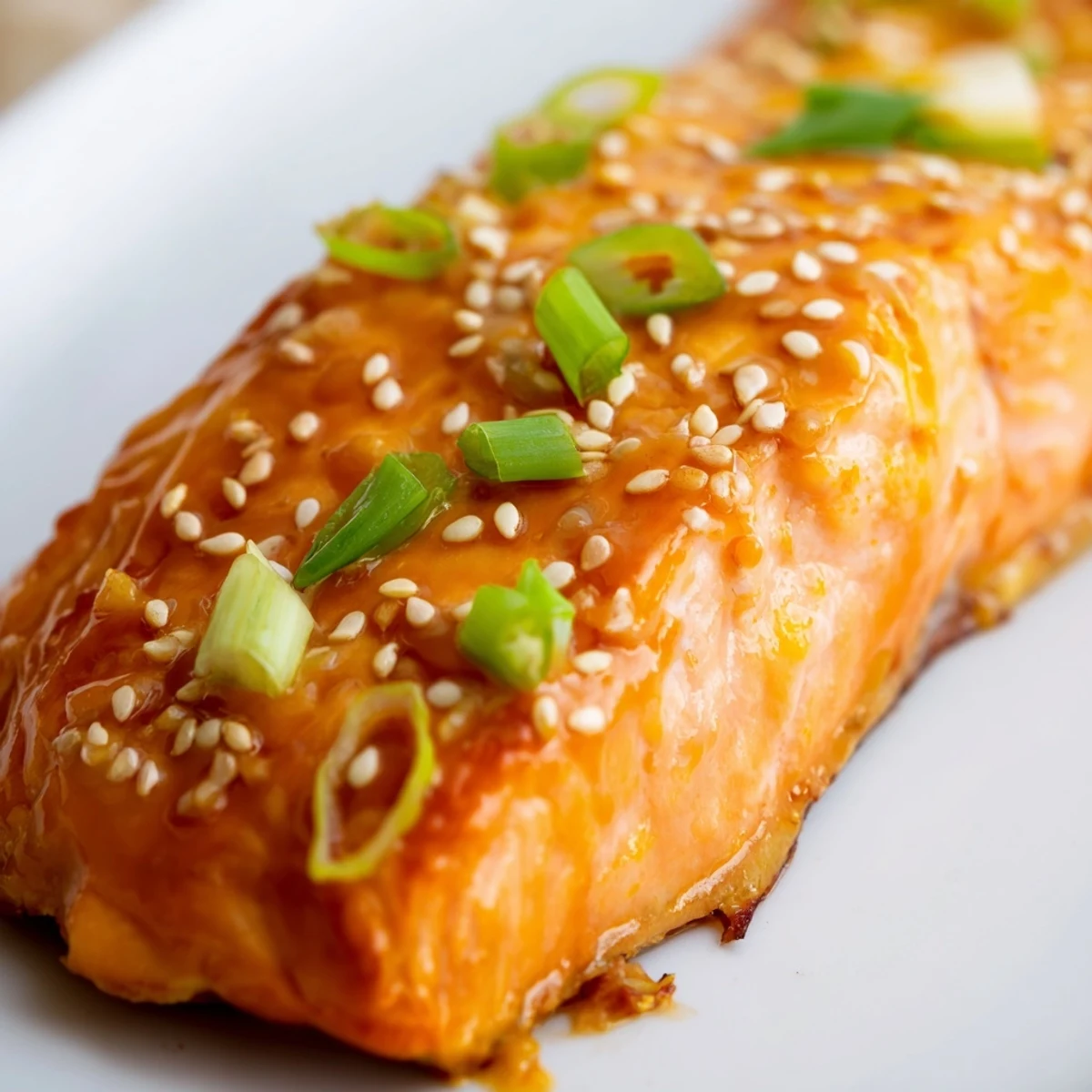 A close-up of Baked Salmon with Orange Ginger Glaze, drizzled with extra sauce and served with optional orange slices.