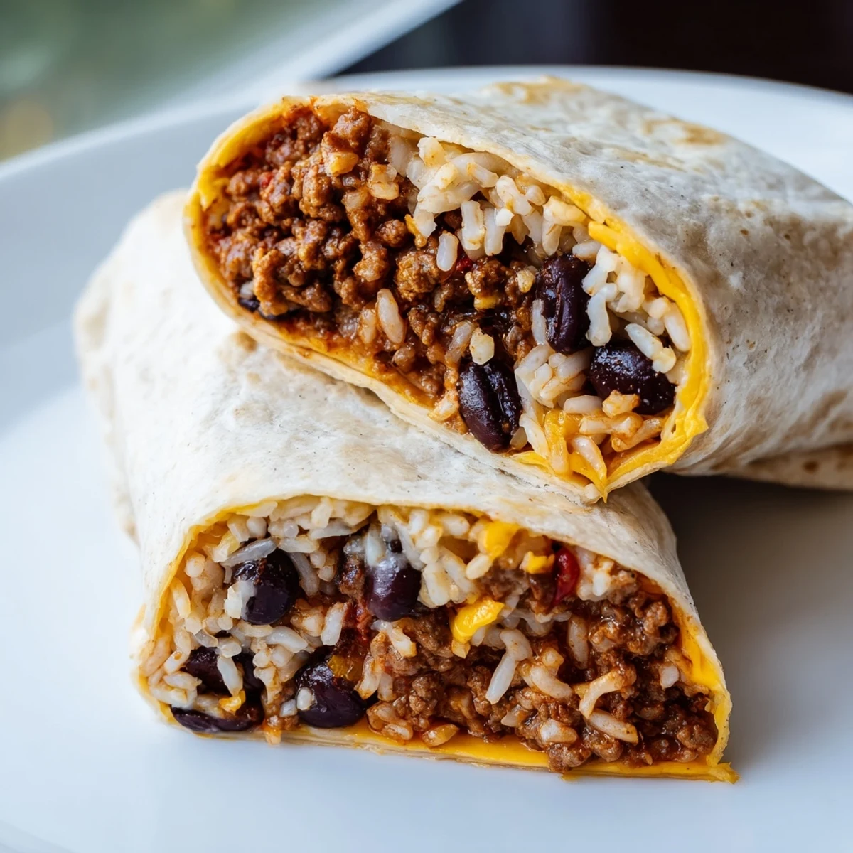 Warm flour tortilla stuffed with seasoned ground beef, fluffy rice, creamy black beans, and melted cheddar, ready to serve.  