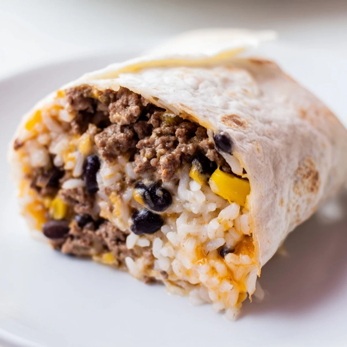 Hand holding a freshly rolled Tex-Mex beef burrito filled with rice, beans, and melted cheese.