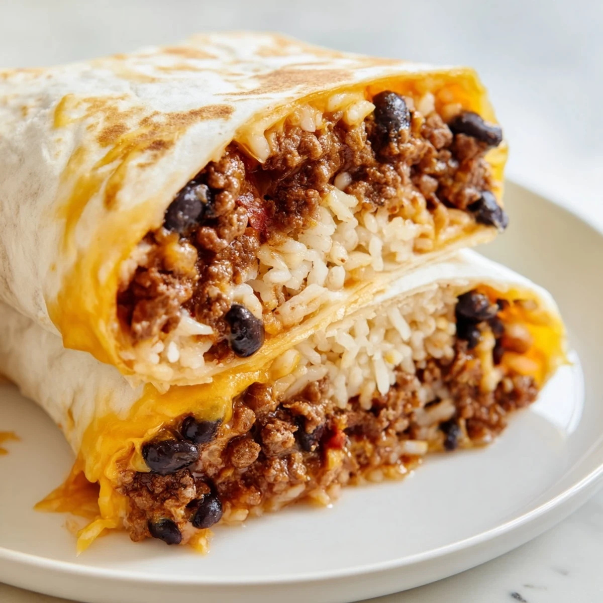 A close-up of a beef burrito with rice, beans, and cheese, garnished with fresh lettuce and tomato.  
