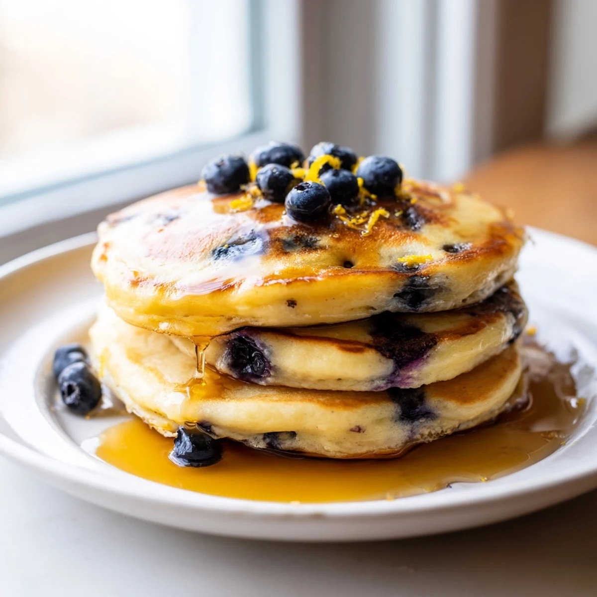 A close-up of fluffy Lemon Blueberry Pancakes with syrup pouring over the edges, garnished with a pat of butter and lemon slices.
