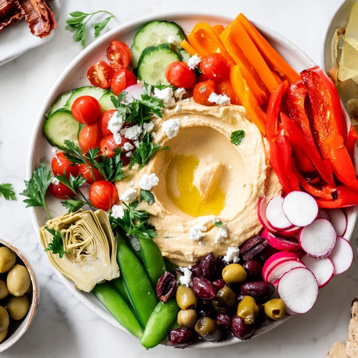 A vibrant Mediterranean Hummus Platter with Veggies includes olives and artichokes on a rustic wooden board.  