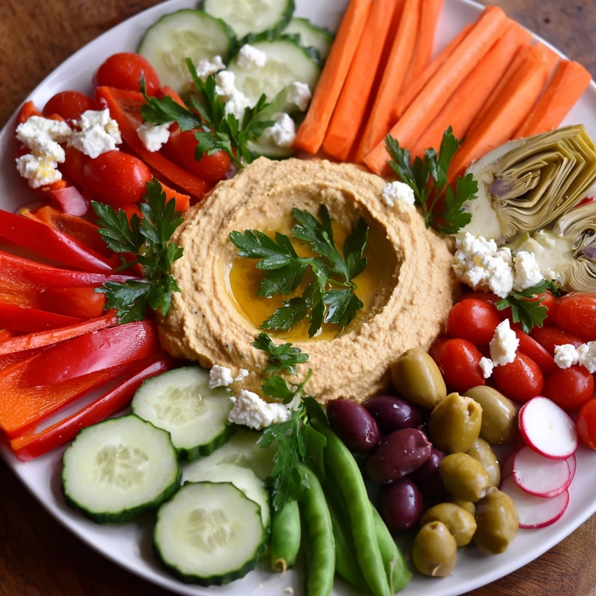 Fresh Mediterranean Hummus Platter with Veggies garnished with parsley, paprika, and warm pita for dipping.