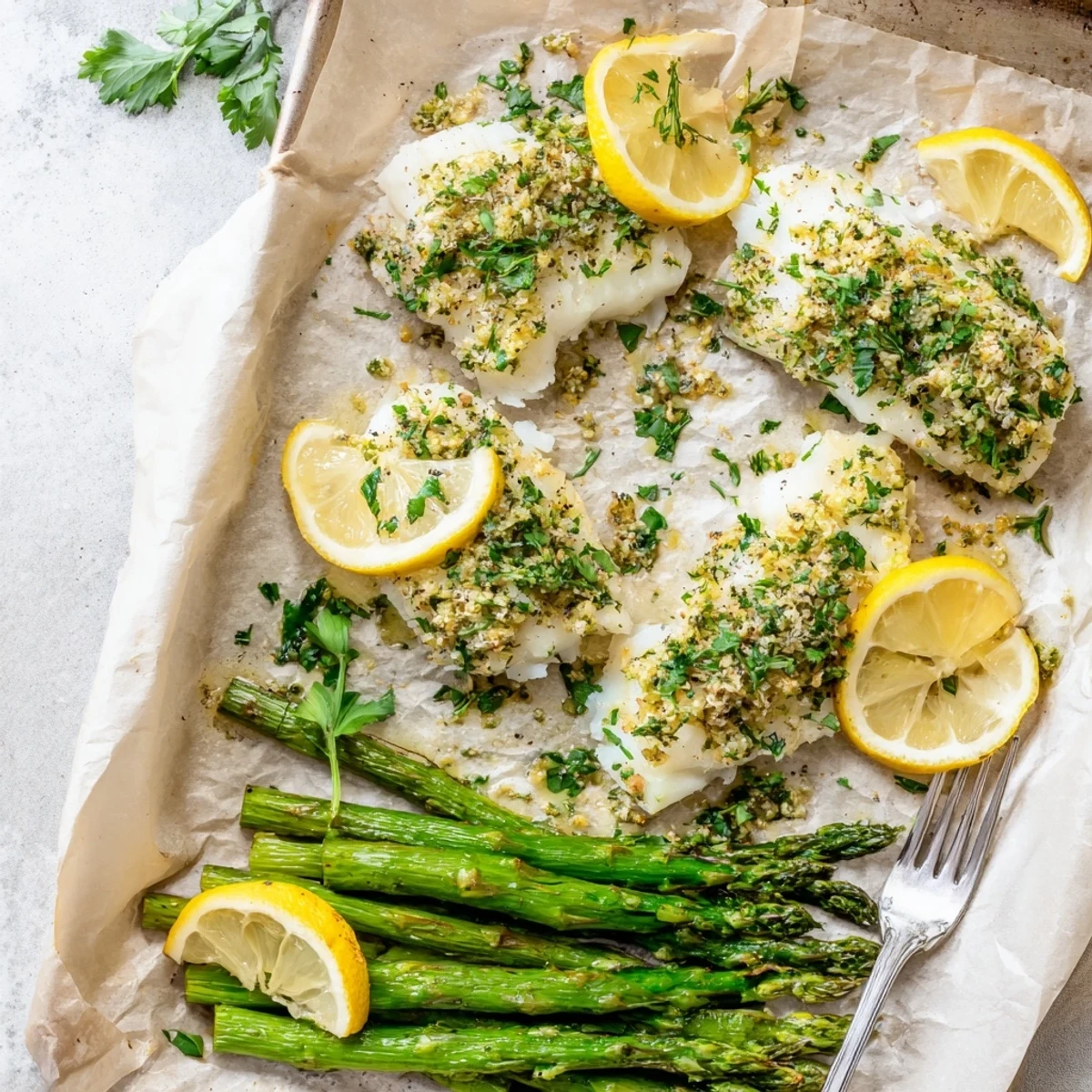 Golden-brown Sheet Pan Lemon Herb Cod and Asparagus fillets nestled beside tender roasted asparagus spears, garnished with fresh lemon slices and vibrant green herbs.