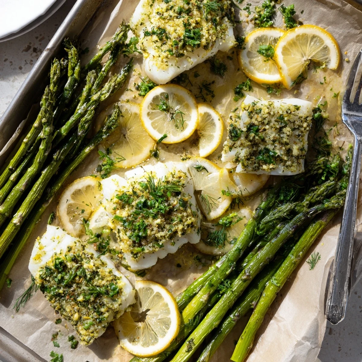 A close-up of flaky Sheet Pan Lemon Herb Cod and Asparagus, brushed with a glossy lemon-herb glaze and served on a rustic wooden board.